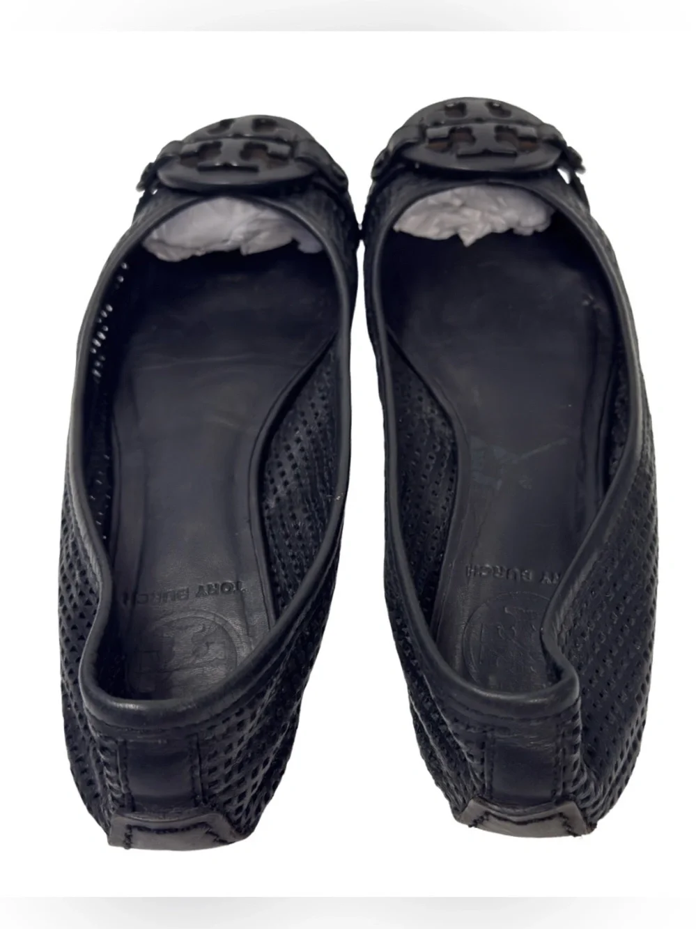 Tory Burch Black Perforated Logo Leather Ballet Flats Size 6